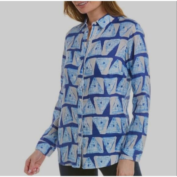 NWOT J.McLaughlin Lois 100% Linen Ikat Triangle Stripes Button Up Shirt Women's - Picture 1 of 10